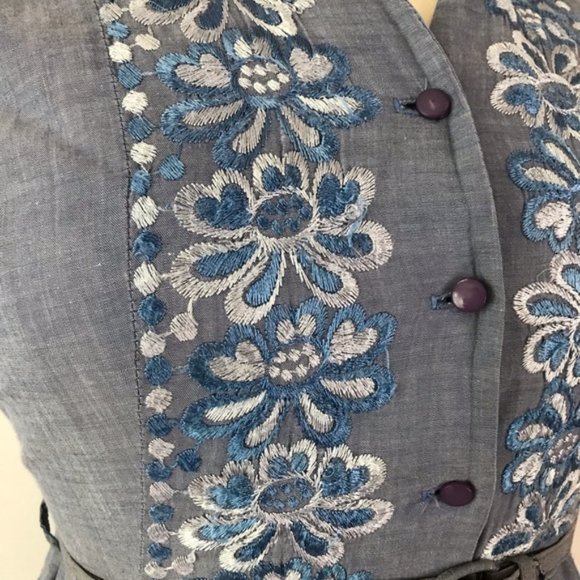 Vintage 1950s Embroidered Shirt Dress Chambray L - Picture 3 of 9